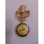 Dorley ladies brooch watch with decorative enamel bezel