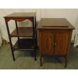 An Edwardian rectangular mahogany inlaid bedside cabinet and a three tier rectangular mahogany