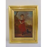 A framed oil on board of child in red attire with small black dog, indistinctly signed and dated