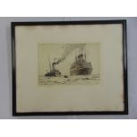 Norman Wilkinson framed and glazed monochromatic etching titled The London Pilot, signed bottom