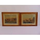 Two framed and glazed polychromatic engravings of Chatsworth House and a castle in Frankfurt, 24 x