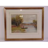 John Sherley Fox framed and glazed watercolour of sheep and shepherd crossing a loch on a barge,