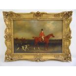 A 19th century framed oil on canvas of mounted huntsman with hounds, 28 x 41.5cm