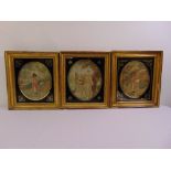 Three 19th century framed and glazed wool work tapestries depicting country women, 29 x 25cm