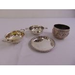 Two twin handled silver bowls, Edinburgh 1907 and London 1901, a card tray, Birmingham 1937 and an