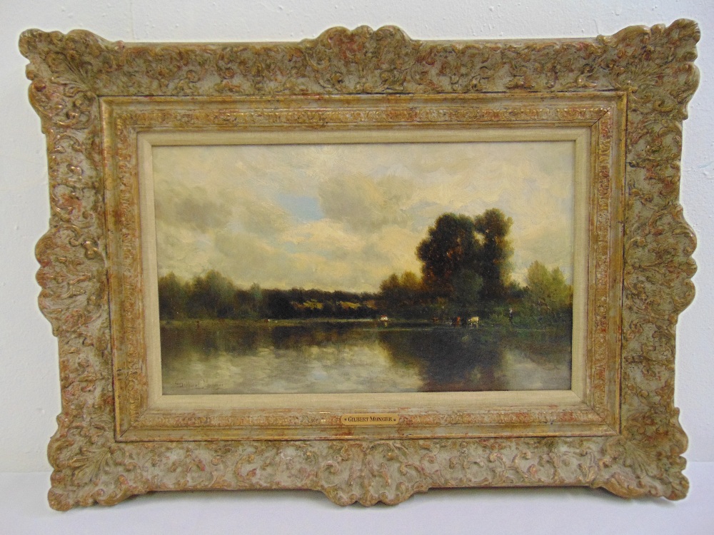 Gilbert Davis Munger, American 1837-1903 framed oil on board of cattle by water with trees behind,