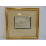 A framed and glazed pencil drawing of a cityscape monogrammed bottom right, possibly Brabazon, 12