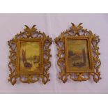 A pair of gilt metal framed oil on panel scenes of sailing boats, 14 x 10cm