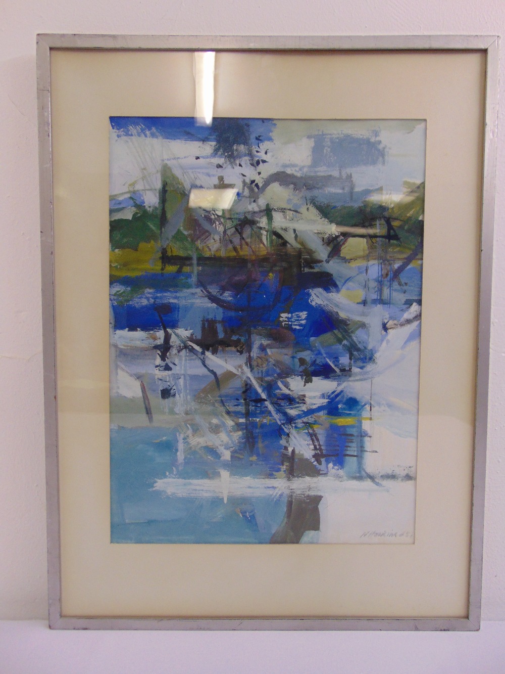 Ned Hoskins 1939 framed and glazed mixed media modern abstract, signed bottom right, 44 x 32cm