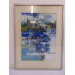 Ned Hoskins 1939 framed and glazed mixed media modern abstract, signed bottom right, 44 x 32cm