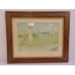 A framed and glazed Art Deco watercolour of ladies and gentlemen playing golf, circa 1930, 24 x