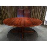 Doumas Danish rosewood oval pedestal dining table with two drop in inserts, CITES certificate