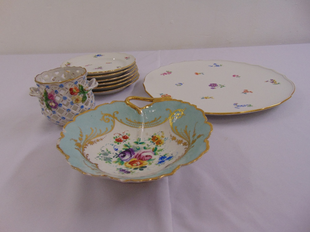 A quantity of continental porcelain to include a Meissen fruit set, a Dresden latticework dressing