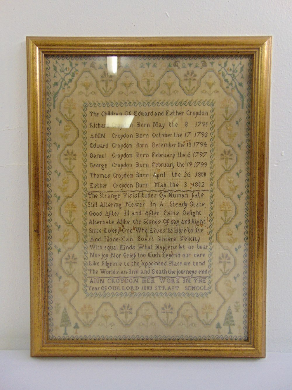 A George III framed and glazed period sampler by Ann Croydon of Strait School, chronicling family