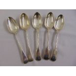 Three Victorian silver fiddle and thread table spoons, London 1844 by John Henry Liss, and a pair of