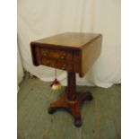 A 19th century rectangular flame mahogany two drawer drop flap side table on columnar stem, shaped