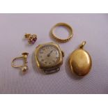 A quantity of gold jewellery to include a wristwatch, a locket, a ring and two single earrings,