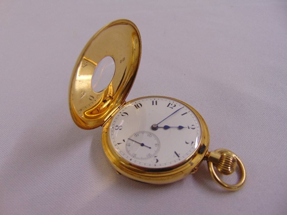 18ct yellow gold half hunter pocket watch, white enamel dial, Arabic numerals with subsidiary - Image 2 of 2