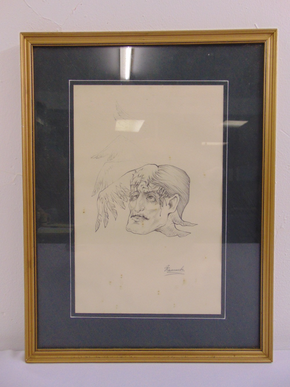Igor Kamenev framed and glazed pencil drawing of a gentlemans head, signed bottom right, 35 x 22.