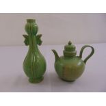 A Chinese green glazed teapot and a green glazed vase of baluster form