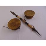 Two African ceremonial drums and a ceremonial spear