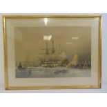 A framed glazed 19th polychromatic aquatint of a ship The Old School 1755- Eight Months to India