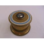 A Victorian cylindrical brass table top container with rope twist borders, the pull off cover set