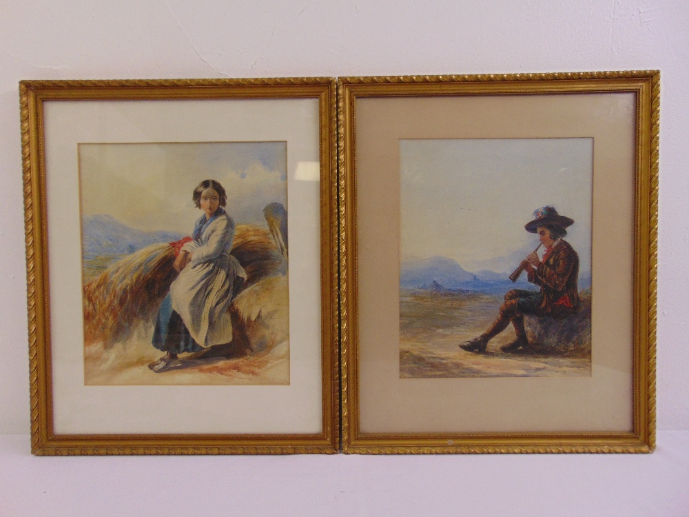 A pair of 19th century framed and glazed watercolours, rural figures in a landscape, 34 x 29cm
