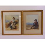 A pair of 19th century framed and glazed watercolours, rural figures in a landscape, 34 x 29cm