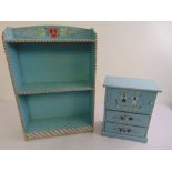 A rectangular painted bookcase and miniature painted bedside cabinet