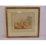 A framed and glazed Victorian watercolour of men working in a field, 18 x 23cm