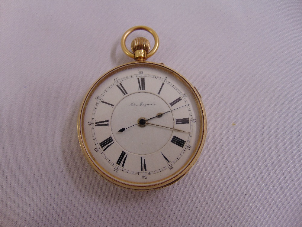 18ct yellow gold open face Hack (second stopwatch) pocket watch, white enamel dial, Roman numerals