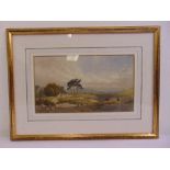 A framed and glazed 19th century watercolour of a rural scene with cows, herdsman and cottage, 18