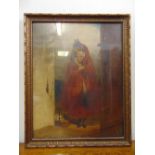 A framed and glazed oil on board of a girl in red hooded cloak standing in a doorway, indistinctly