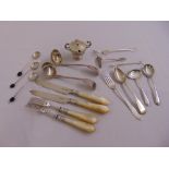 A quantity of hallmarked silver to include condiment spoons, mother of pearl handled dessert eaters,