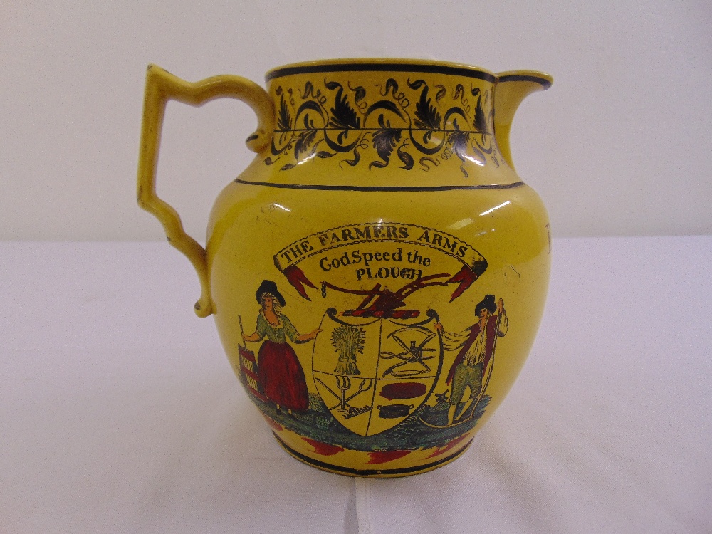 A Regency period yellow ground marriage jug with inscriptions for The Farmers Arms and Toby