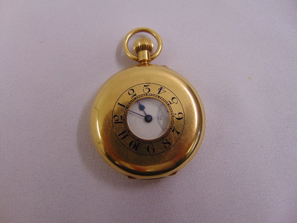 18ct yellow gold half hunter pocket watch, white enamel dial, Arabic numerals with subsidiary