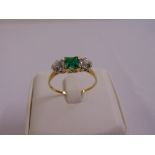 18ct yellow gold three stone emerald and diamond ring, approx total weight 3.0g