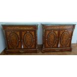 A pair of Louis XVI style rectangular marble top cabinets profusely inlaid with flowers, leaves