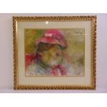 Helen Digby-Smith framed and glazed oil on canvas of a lady in a pink hat, signed top right, 40 x