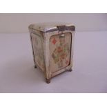 A Victorian silver rectangular playing card holder with glazed sides and hinged cover on four