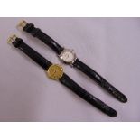 A Raymond Weil ladies gold plated wristwatch on leather bracelet and a Gucci ladies wristwatch