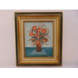 Therese Pouget a framed oil on canvas of a stylised vase of flowers, signed bottom right, 25 x