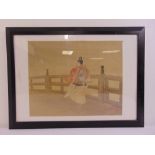 Japanese framed and glazed watercolour on silk of a Samurai crossing a bridge, signed bottom