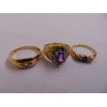 Three 18ct yellow gold rings set with various stones, approx total weight 13.7g