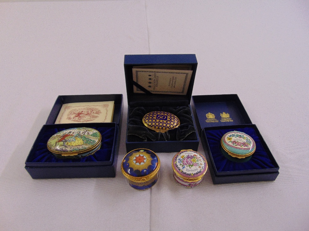 Four Halcyon Days enamel boxes, three in original packaging and a Royal Worcester commemorative