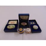 Four Halcyon Days enamel boxes, three in original packaging and a Royal Worcester commemorative