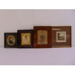 Four framed miniatures to include an elderly man, Regency gentleman, a watercolour of a boy
