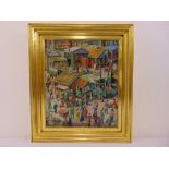 Nahum Gilboa (Israeli artist) a framed oil on canvas of figures in a market, signed bottom right, 46