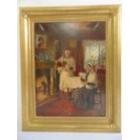 A framed oil on canvas of ladies drinking tea by a fireplace, indistinctly signed bottom left, 50.